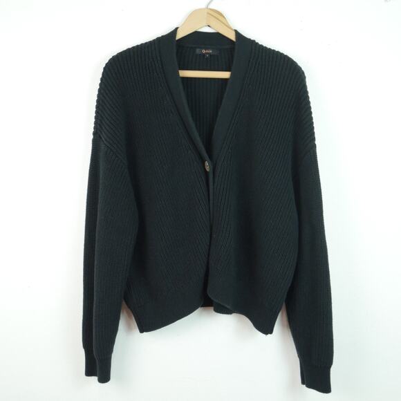 Quince Organic Cotton Fisherman Boxy Cropped Cardigan Large Black Chunky Knit - Picture 1 of 9